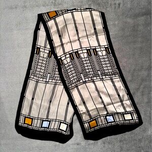 Black and grey oblong silk scarf with caramel and slate blue accents